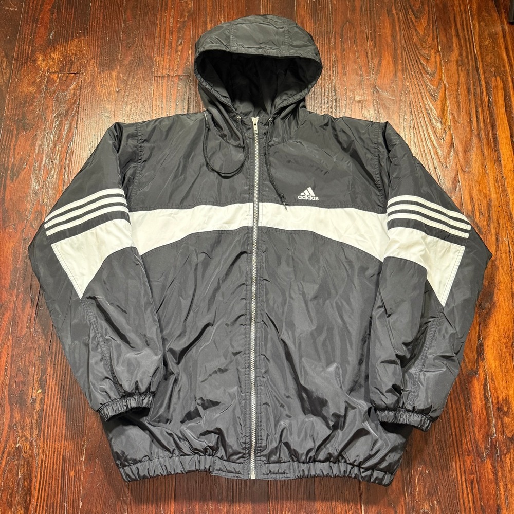 Vintage Adidas Jacket Mens M Black Hooded Quilted Insulated Stripes 90s Y2K